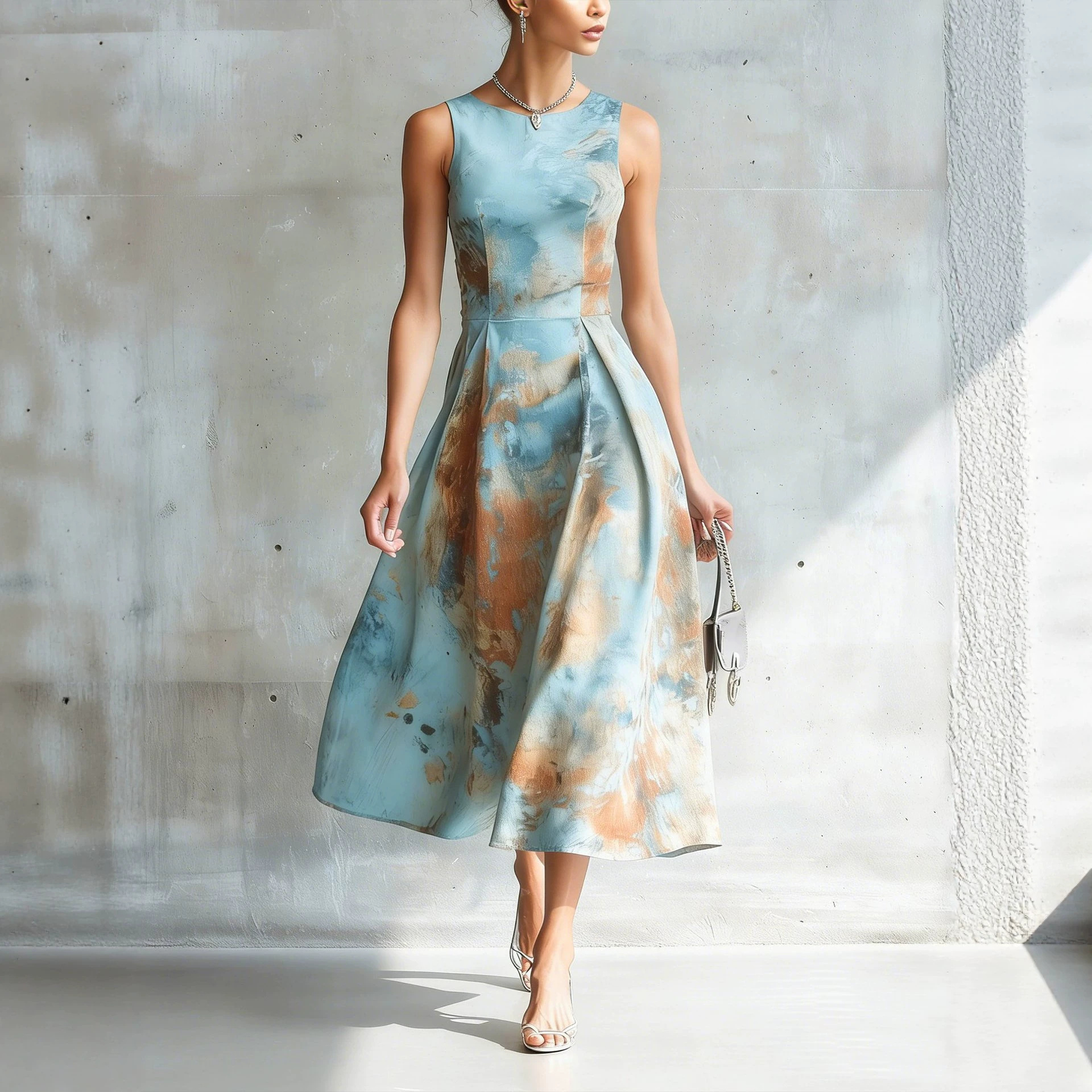 Floral Print Sleeveless Midi Dress Round Neck A-Line