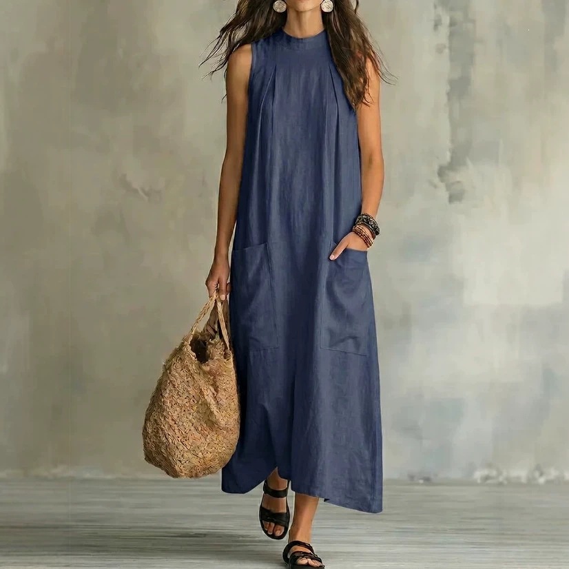 Retro Cotton-Linen Sleeveless Maxi Dress Solid Loose Flowy