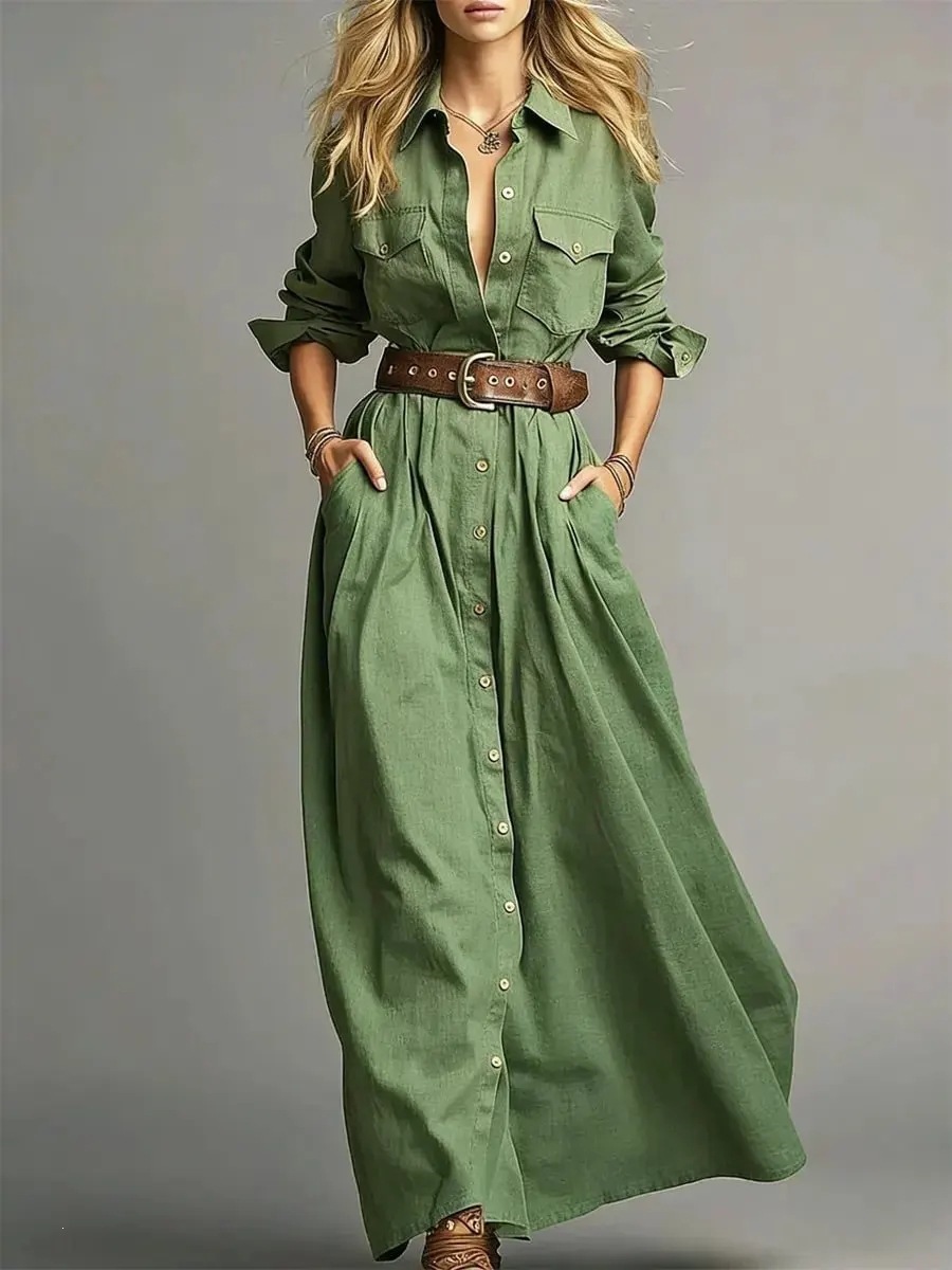 Women's Solid Color Long Sleeve Button-Front Shirt Dress