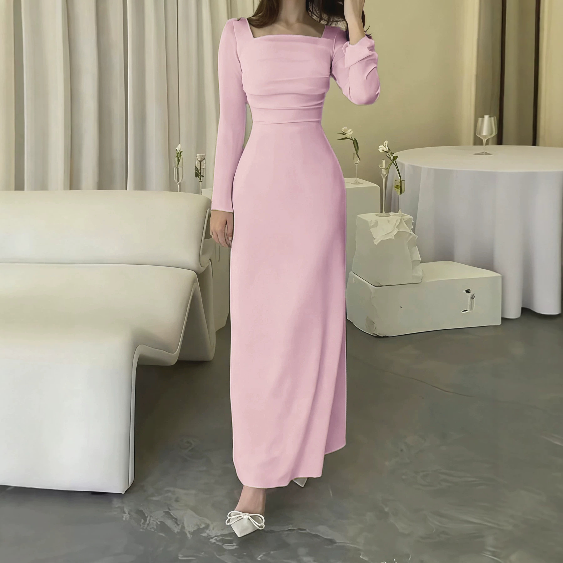 Women's Square Neck Long Sleeve Knit Dress Slim Fit Long Dress