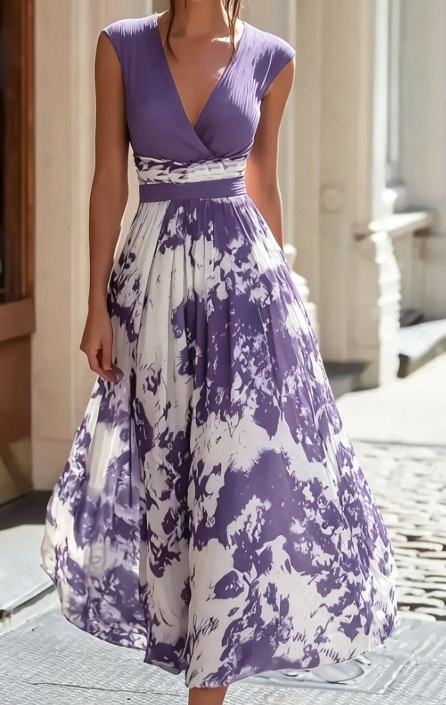 Sleeveless V-Neck Blue and White Porcelain Print Midi Dress