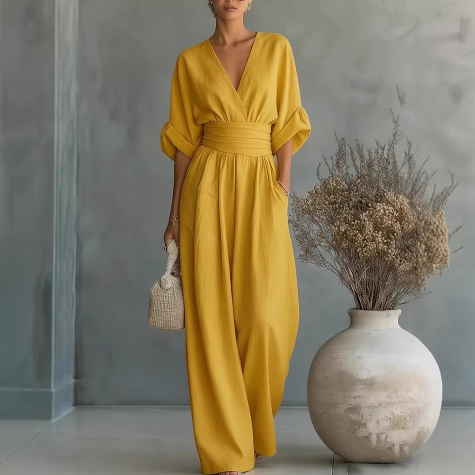 Elegant V-Neck High-Waist Wide-Leg Jumpsuit