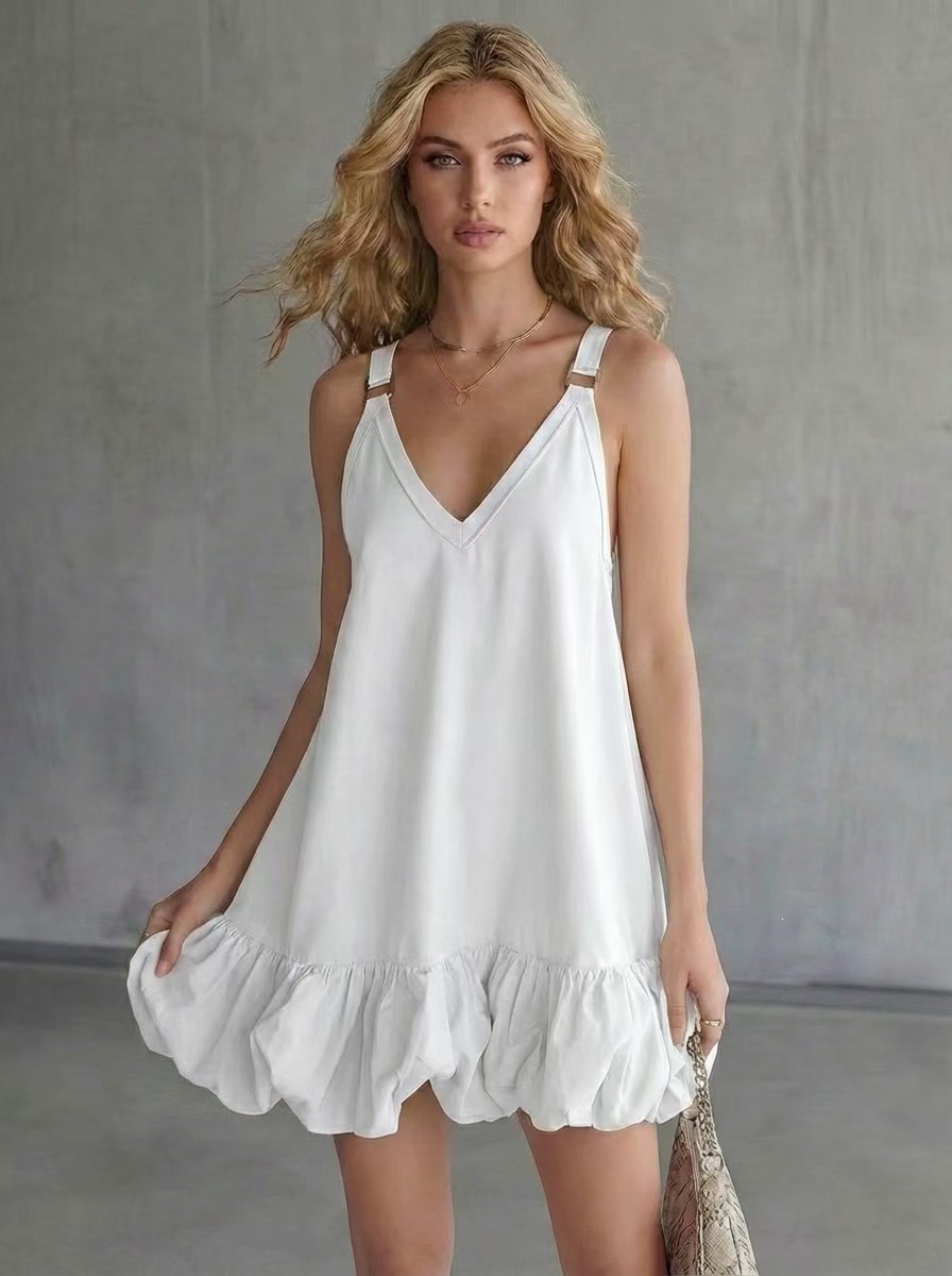 Women's Solid V-Neck Ruffle Bubble Cami Mini Dress