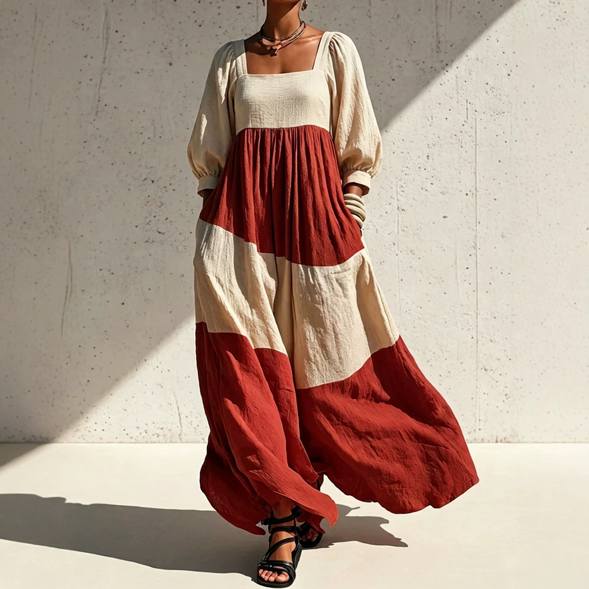 Color-Block Square-Neck Long Sleeve Cotton-Linen Dress