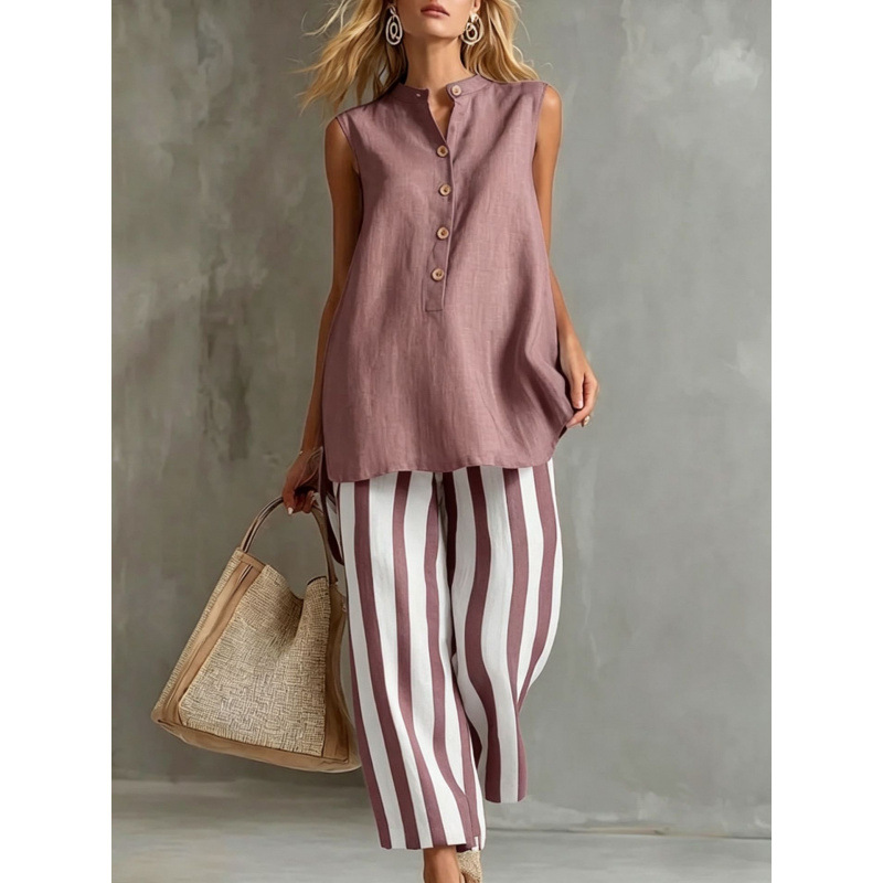 Women's Sleeveless Shirt and Striped Wide-Leg Pants Two-Piece Set