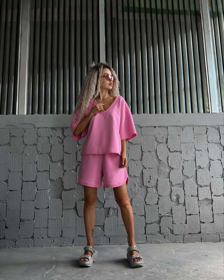 Women's V-Neck Short Sleeve Drawstring Shorts Two-Piece Casual Sport Set