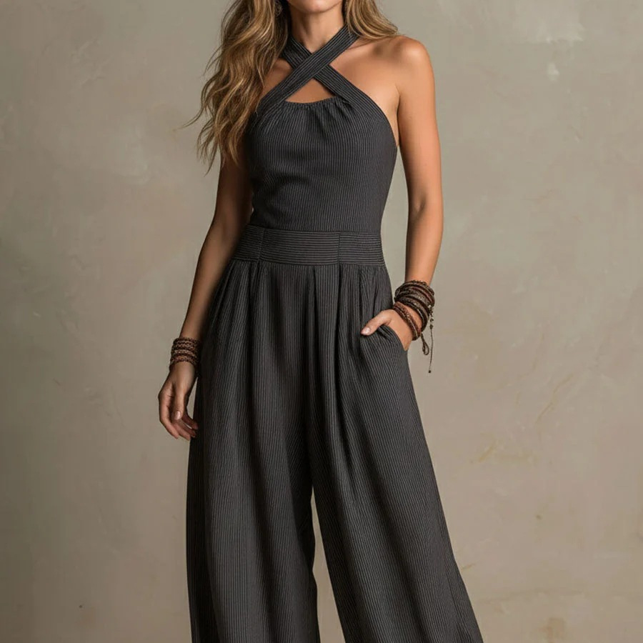 Dark Gray Pinstripe Cross Halter Wide-Leg Jumpsuit with Belt and Pockets