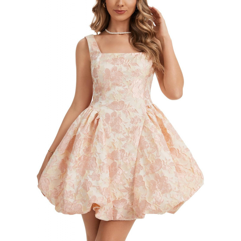 Jacquard Sleeveless Dress Women's Elegant Short Backless Bubble Hem
