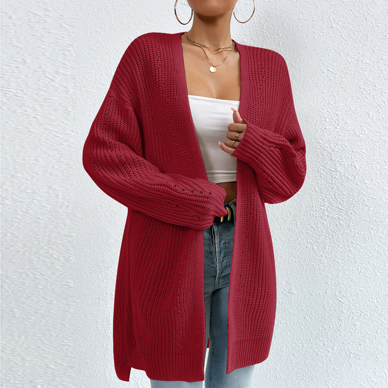 Women's Loose Mid-Length V-Neck Cardigan Sweater Coat Solid Knit