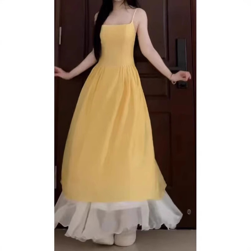 Yellow Sleeveless Midi Dress with Cinched Waist
