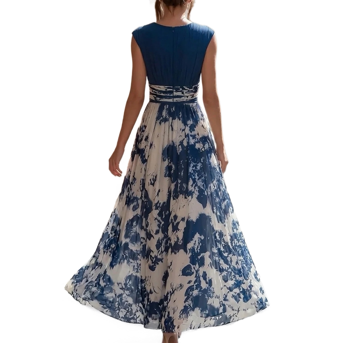 Sleeveless V-Neck Blue and White Porcelain Print Midi Dress