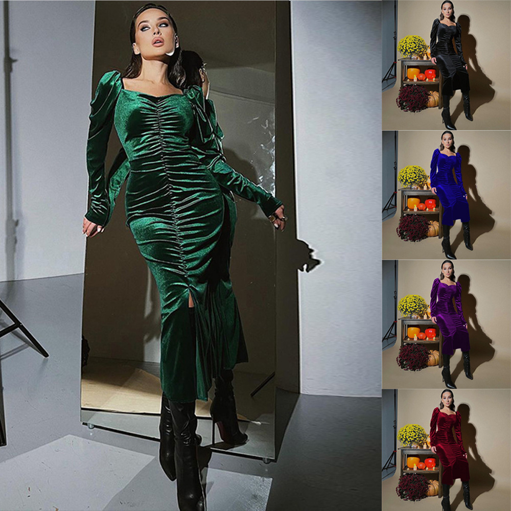 Women's Pleated Slim Fit Long Sleeve Split Midi Dress