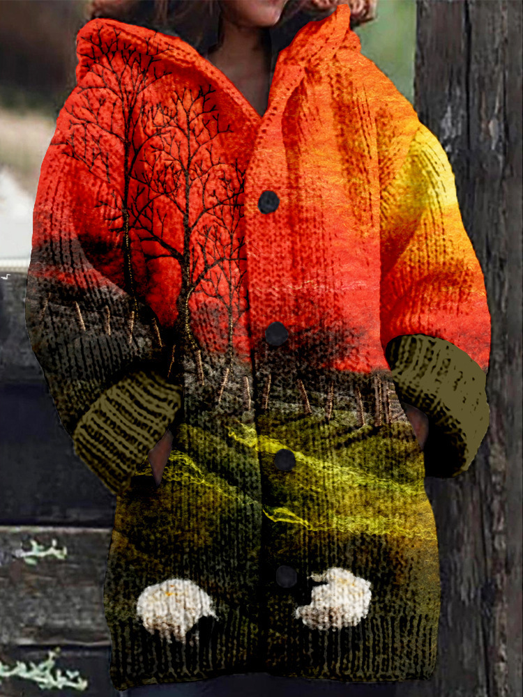 Women's Animal & Plant Print Hooded Button Cardigan
