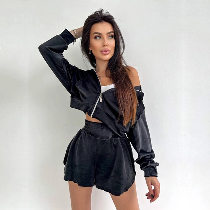 Women's Casual Long Sleeve Zip-Up Hooded Cardigan and Split Shorts Set