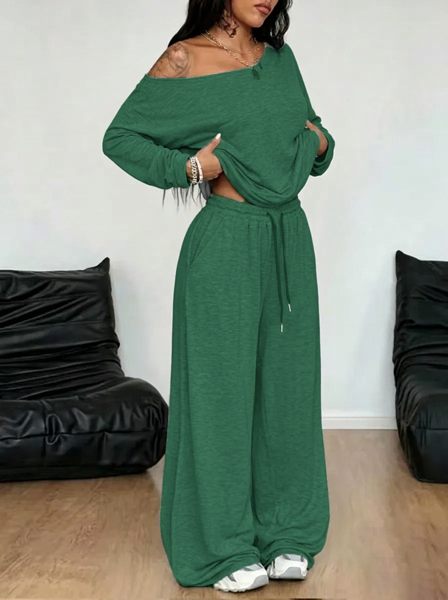 Women's Oblique Collar Wide-Leg Pants Set Solid Color Casual Two-Piece Long Sleeve