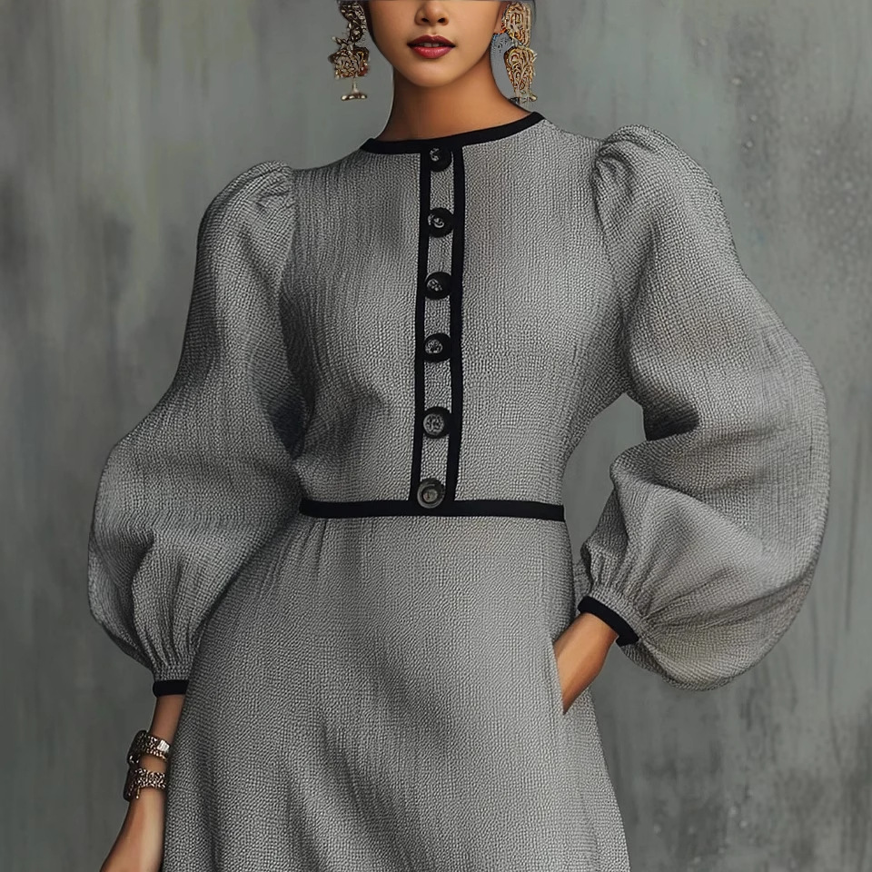 French-Style Gray Spliced Knit Dress with Button Detail