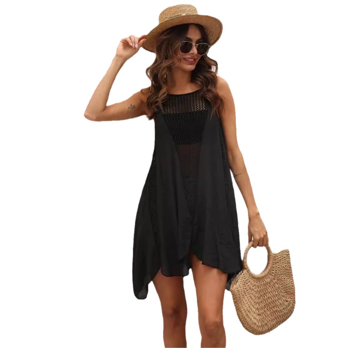 Women's Crochet Spliced Irregular Hem Beach Tank Dress Cover-Up