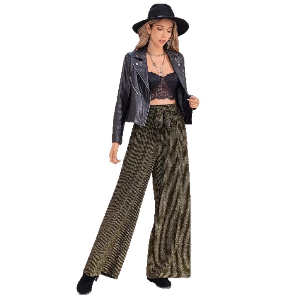 Bow High-Waist Wide-Leg Pants with Subtle Shimmer Vertical Texture