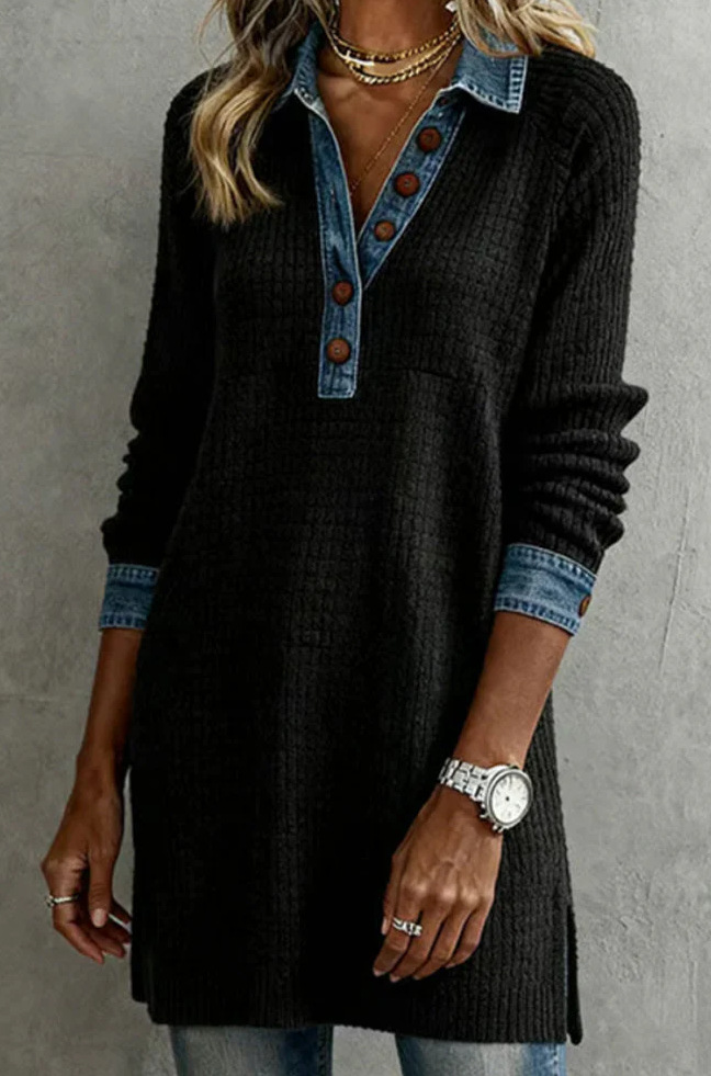 Denim Patchwork Long Sleeve Collared Button Dress