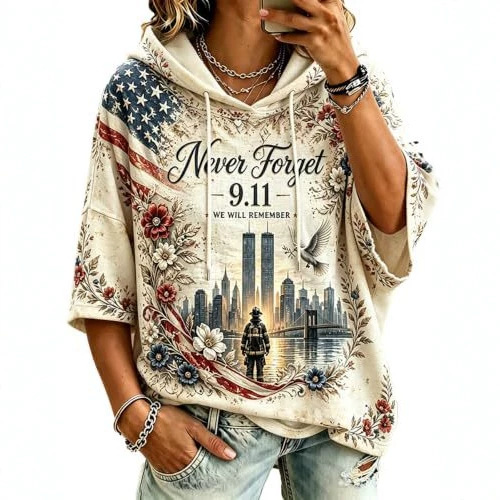 Women's Casual Hoodie with American Twin Towers Print