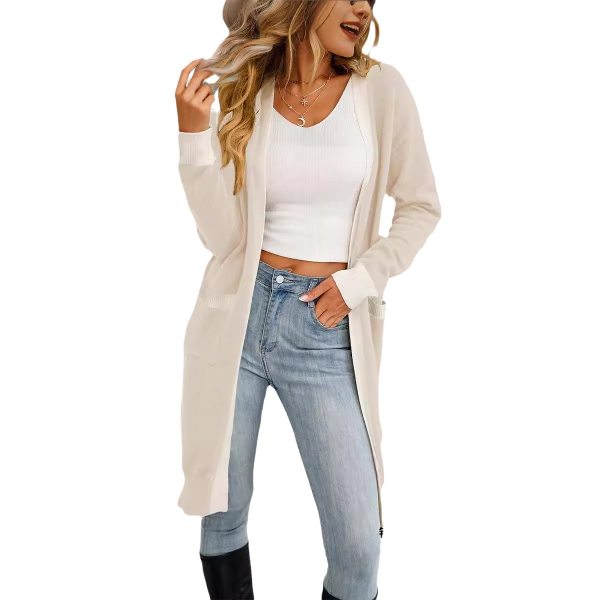 Long Open-Front Cardigan Sweater, Plus Size, Color-Block Knit