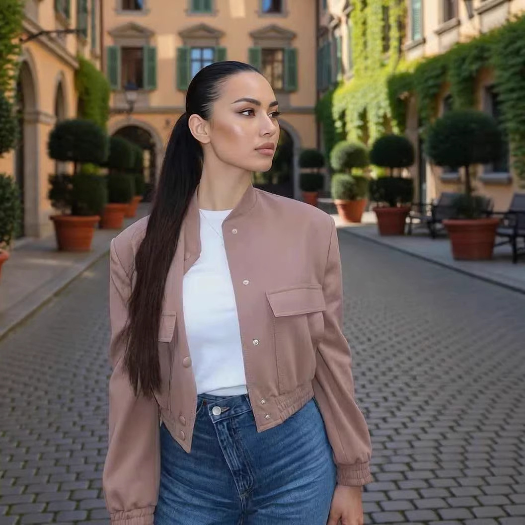 Women's Loose Fit Stand Collar Button Jacket
