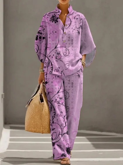 Women's Polka Dot Floral Print Long Sleeve Button-Up Top Set