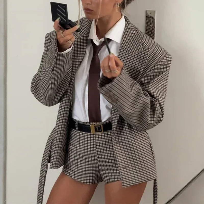 Women's Plaid Blazer and Shorts Two-Piece Set