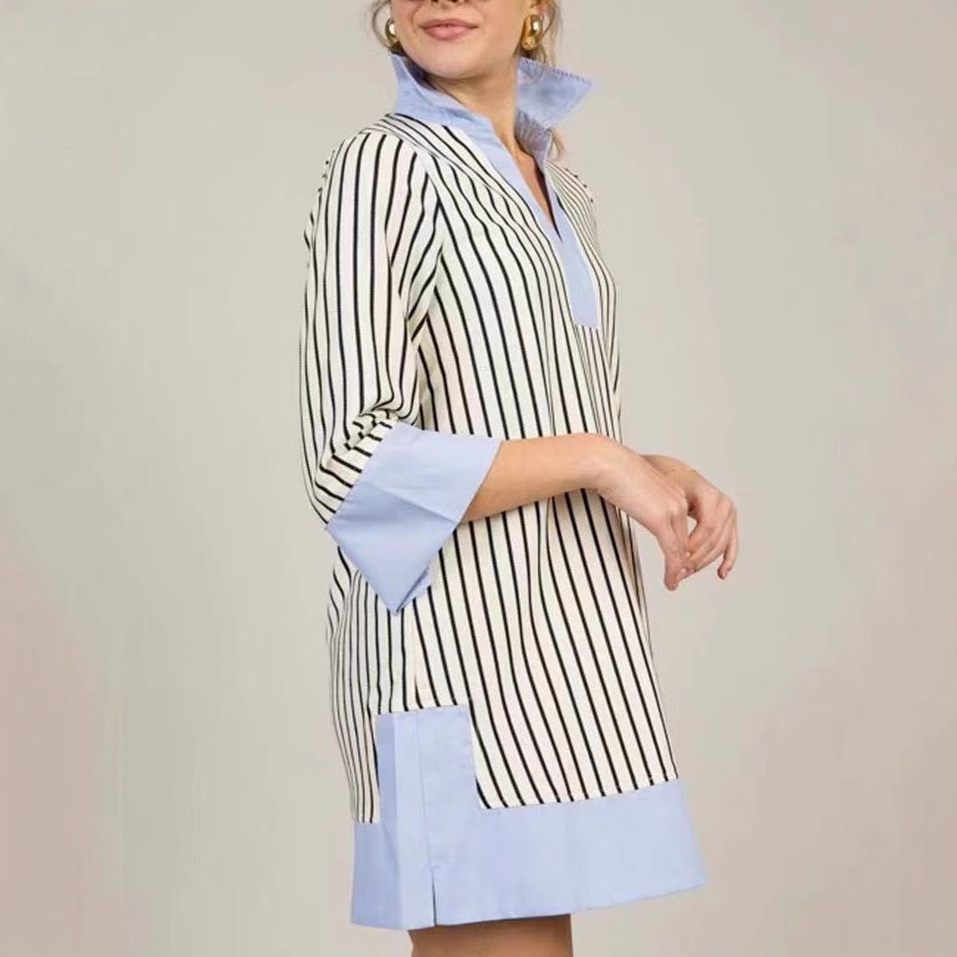 Women's Blue Striped Polo Neck A-Line Midi Dress Long Sleeve Colorblock