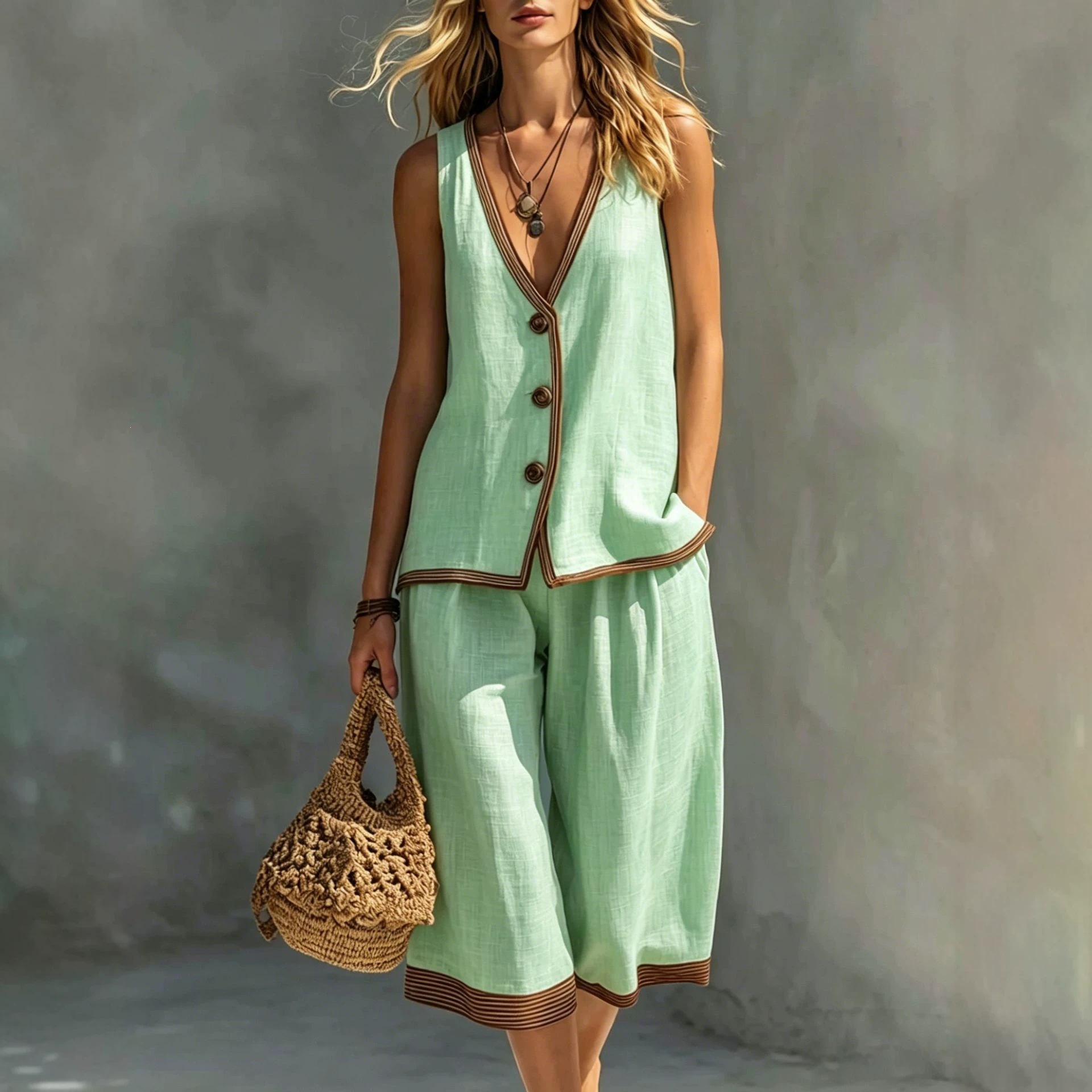 Women's Summer Casual Solid Button Vest Cardigan & Shorts Set