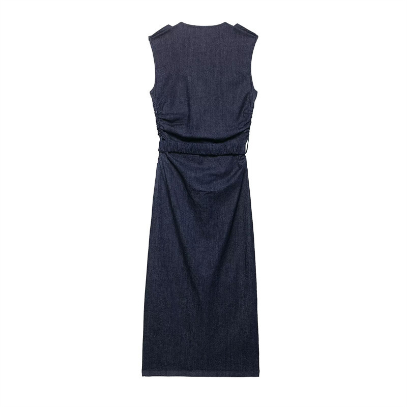 Women's Belted Pleated Denim Dress Sleeveless High Waist Long