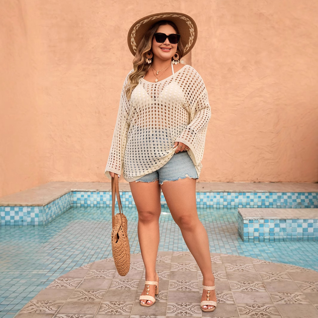 Open-Knit Long-Sleeve Beach Cover-Up