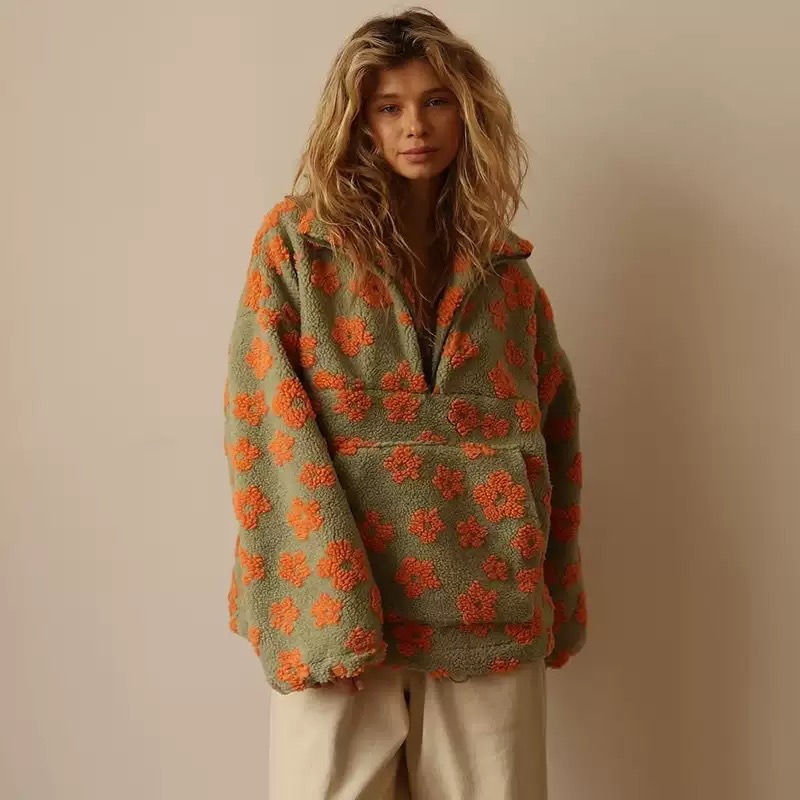 Women's Faux Shearling Floral Print Loose Zip Hoodie Long Sleeve Top