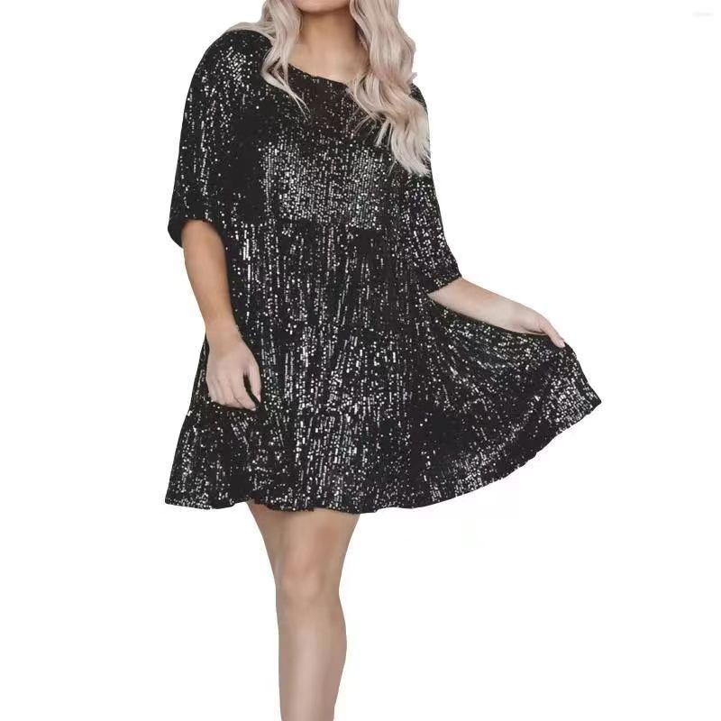 Sequin Round Neck Loose Short Sleeve Midi Dress for Parties and Evening