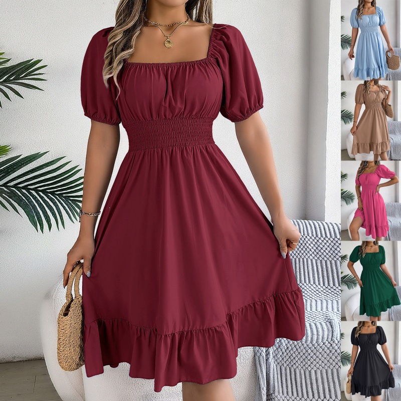 Women's Square Neck Short Sleeve Ruffle A-Line Dress