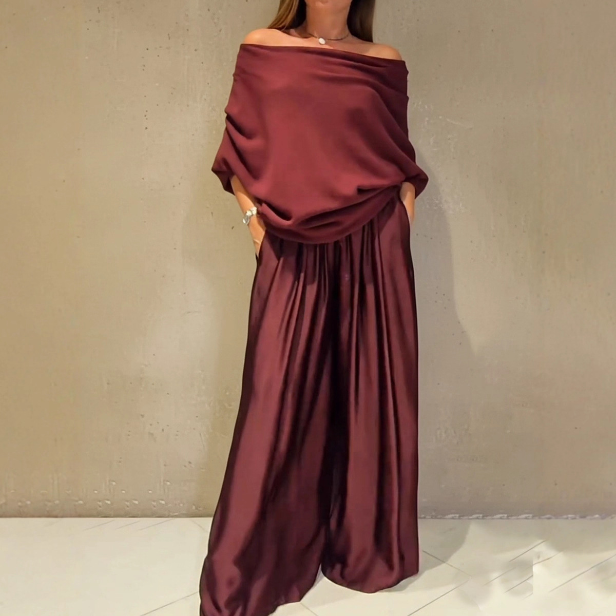 Elegant Off-Shoulder Top and Satin Wide-Leg Pants Two-Piece Set