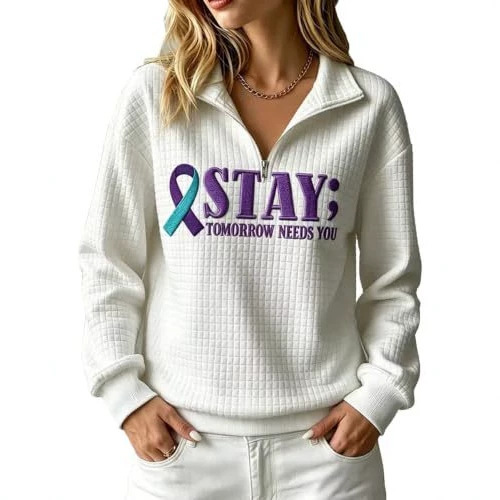 Ribbon Print Waffle Knit Collared Hoodie for Women