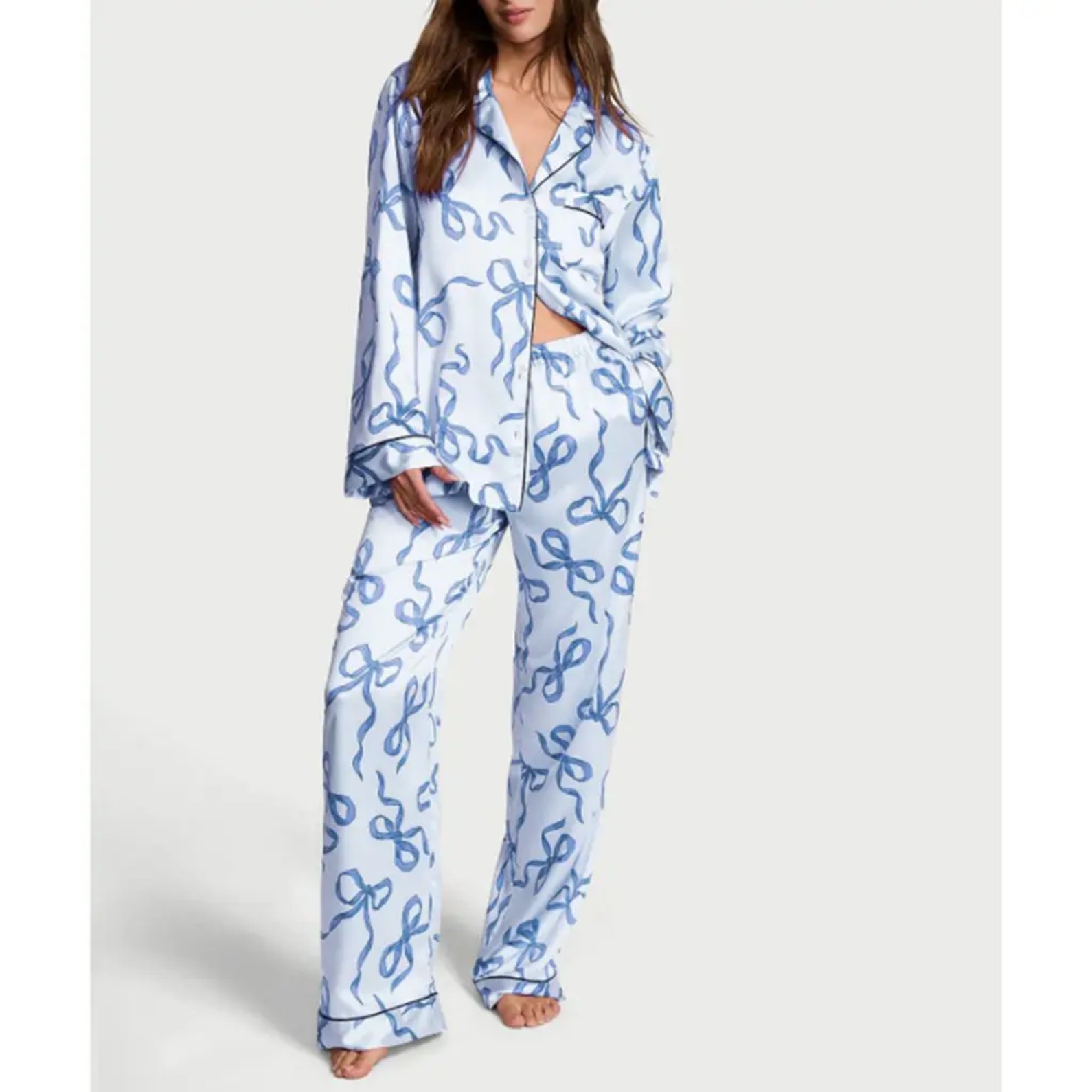Women's Cuban Collar Bow Long Sleeve Top Set Casual Loungewear