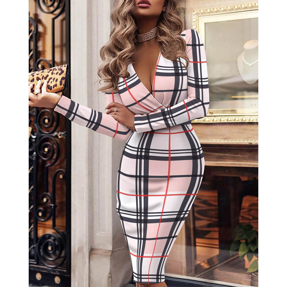 Women's Long Sleeve V-Neck Bodycon Floral Print Dress