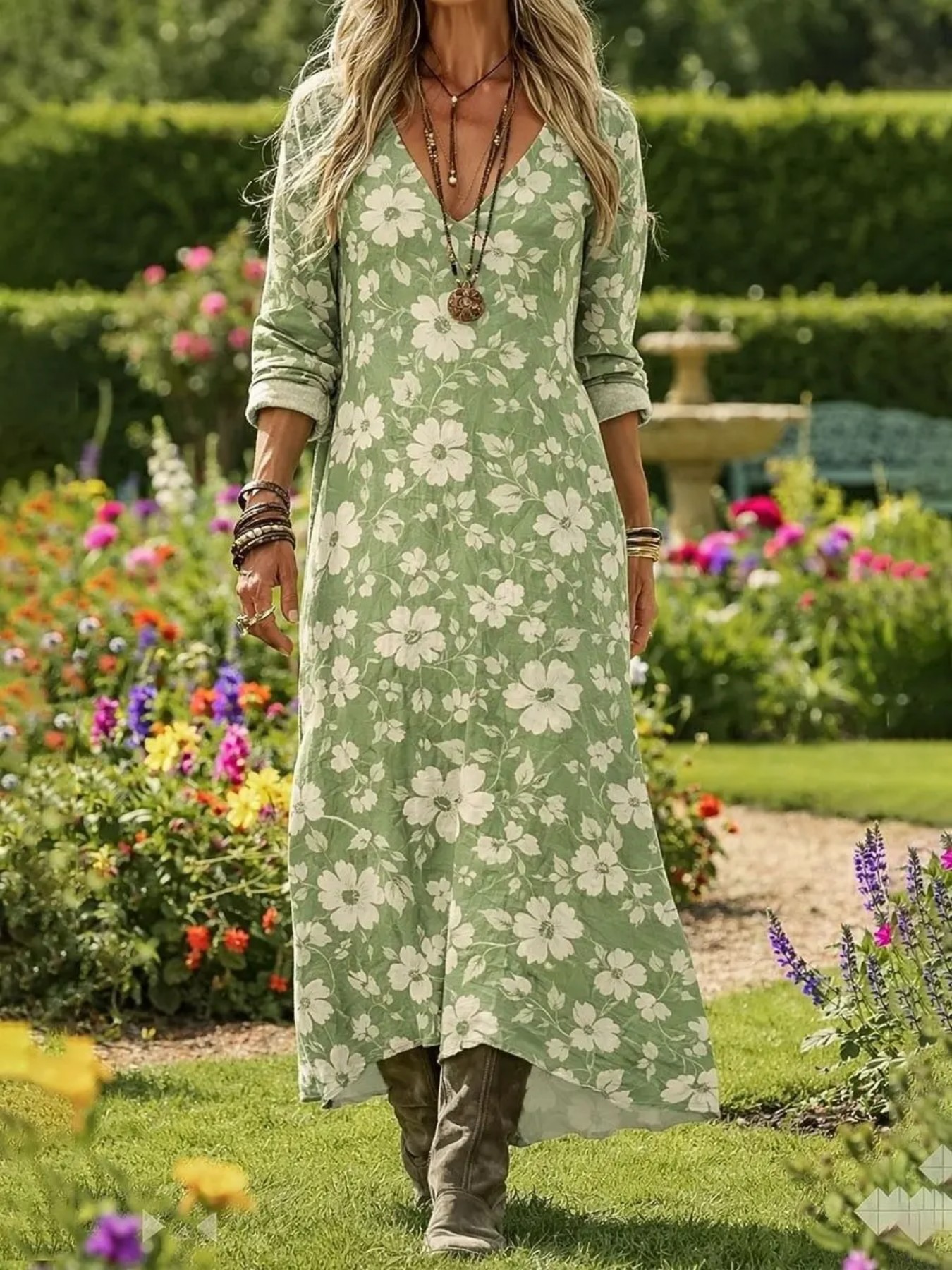Women's Floral Print Casual Midi Dress Short Sleeve V-Neck
