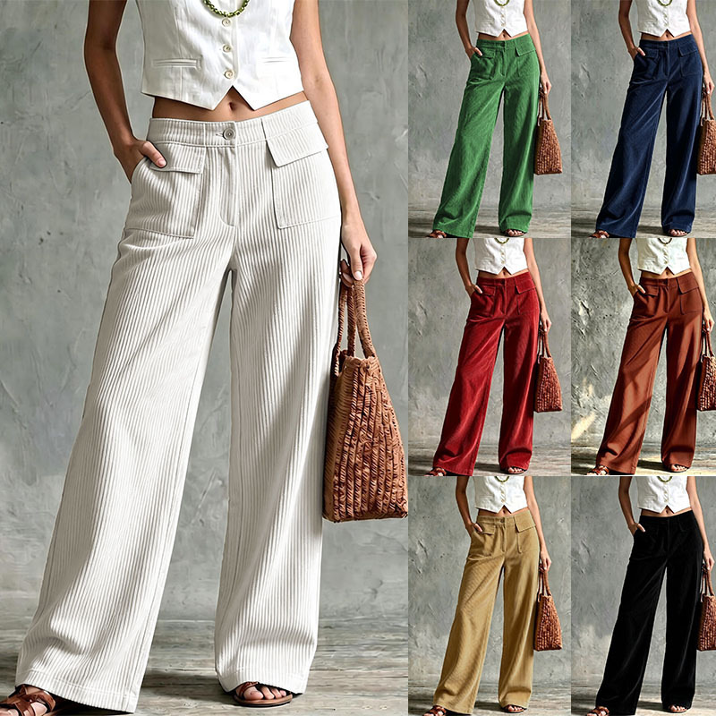Women's High-Waist Corduroy Wide-Leg Pants Solid Color Casual