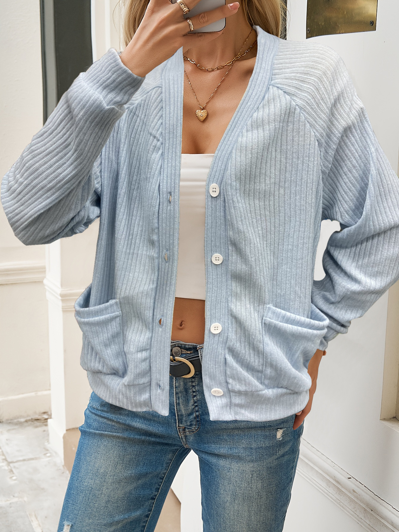 Solid V-Neck Long-Sleeve Knit Cardigan Sweater