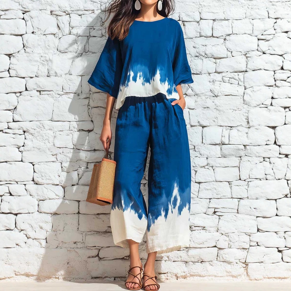 Women's Tie-Dye Print Straight-Leg Pant Set Casual Short Sleeve
