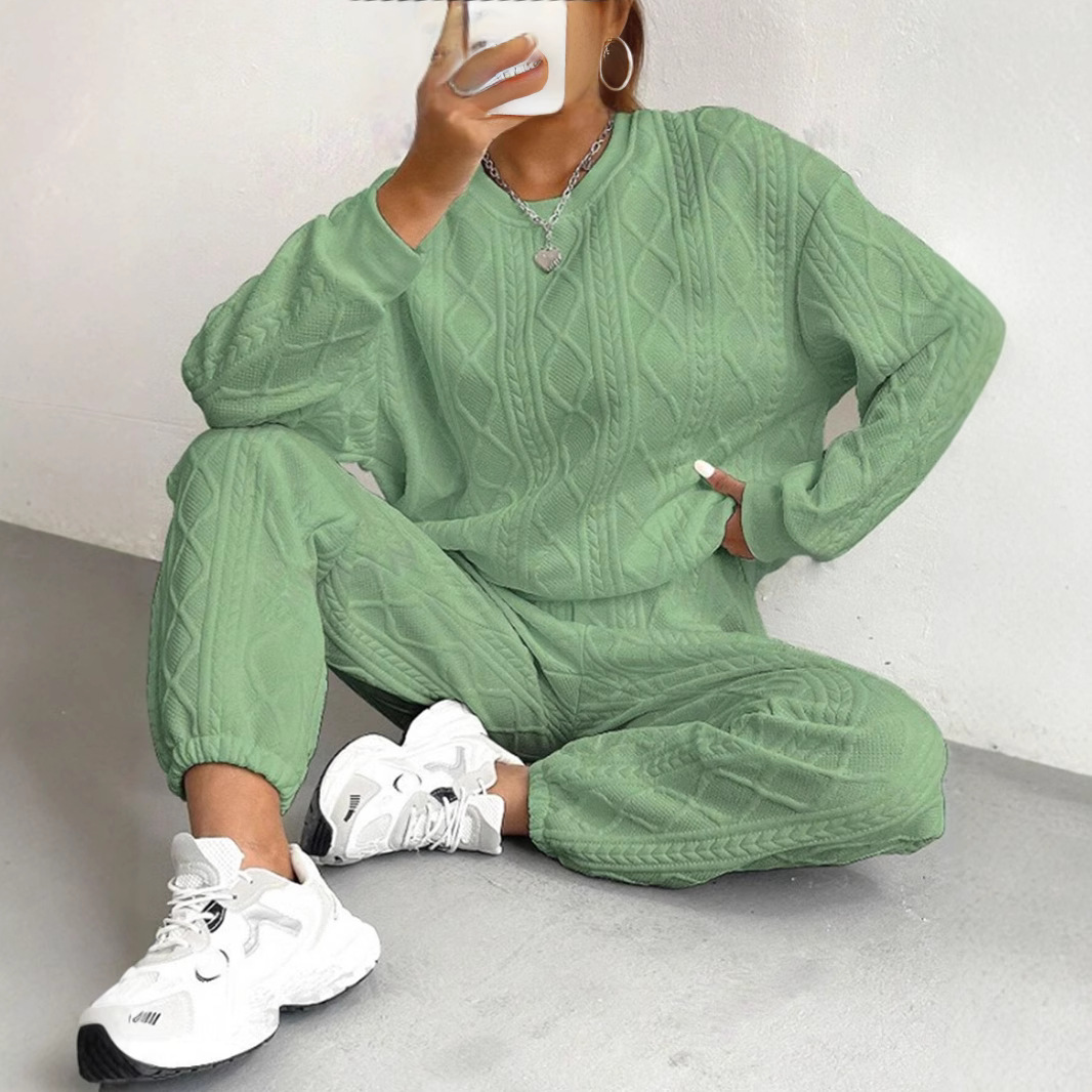 Women's Cable Knit Patchwork Long Sleeve Round Neck Top and Jogger Pants Two-Piece Set