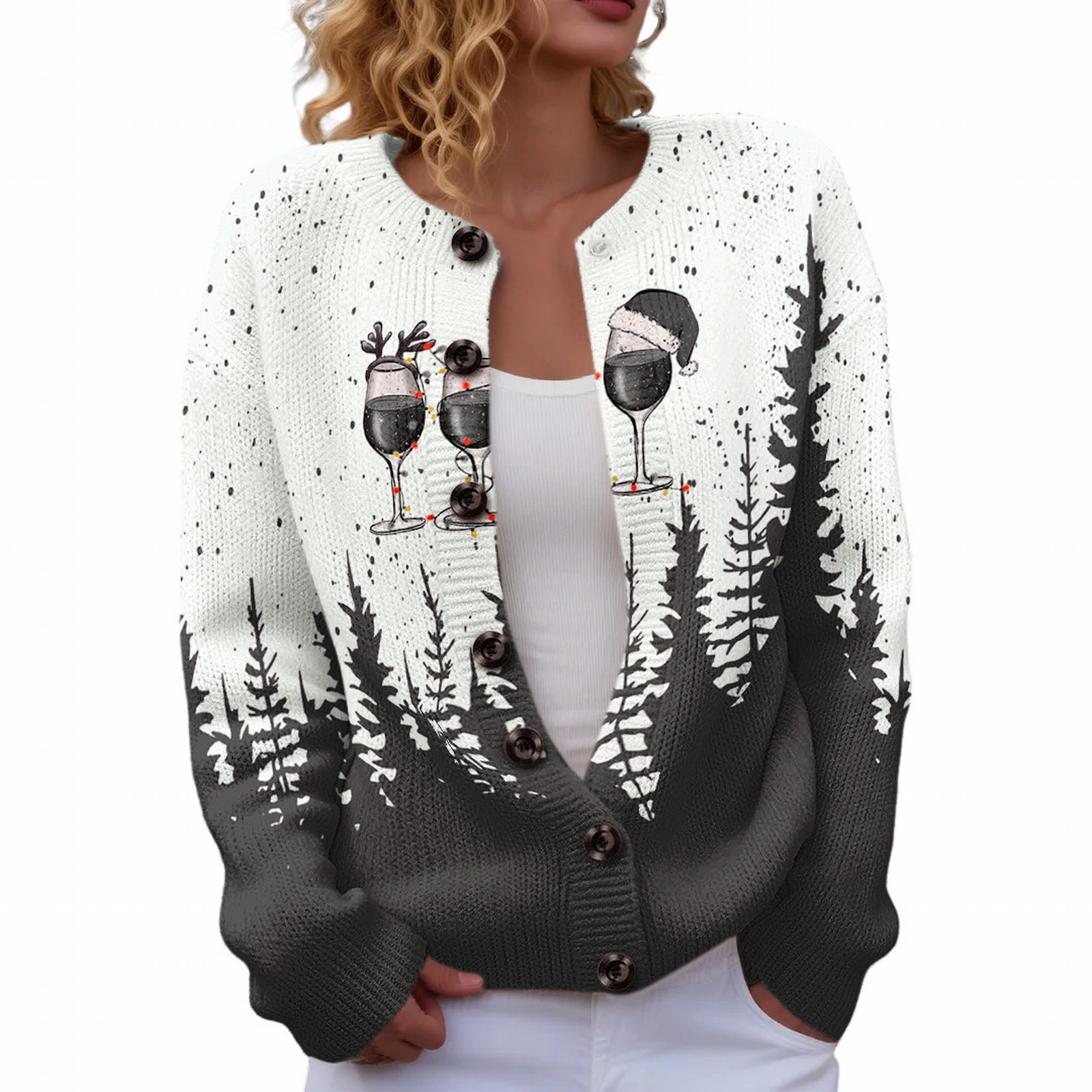 Women's Christmas Reindeer Forest Print Button Cardigan Sweater