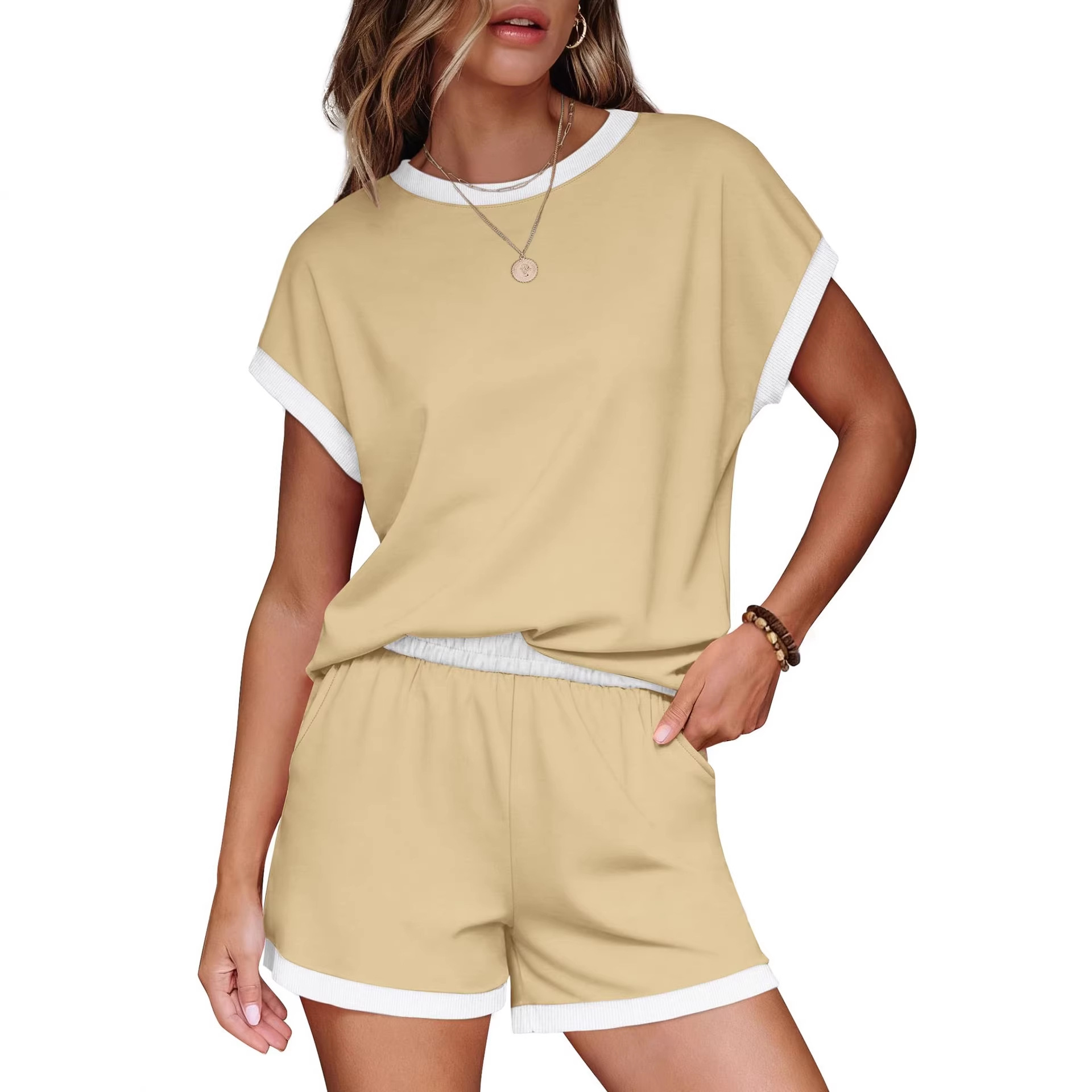 Women's Striped Two-Piece Lounge Set with Round Neck and Short Sleeves