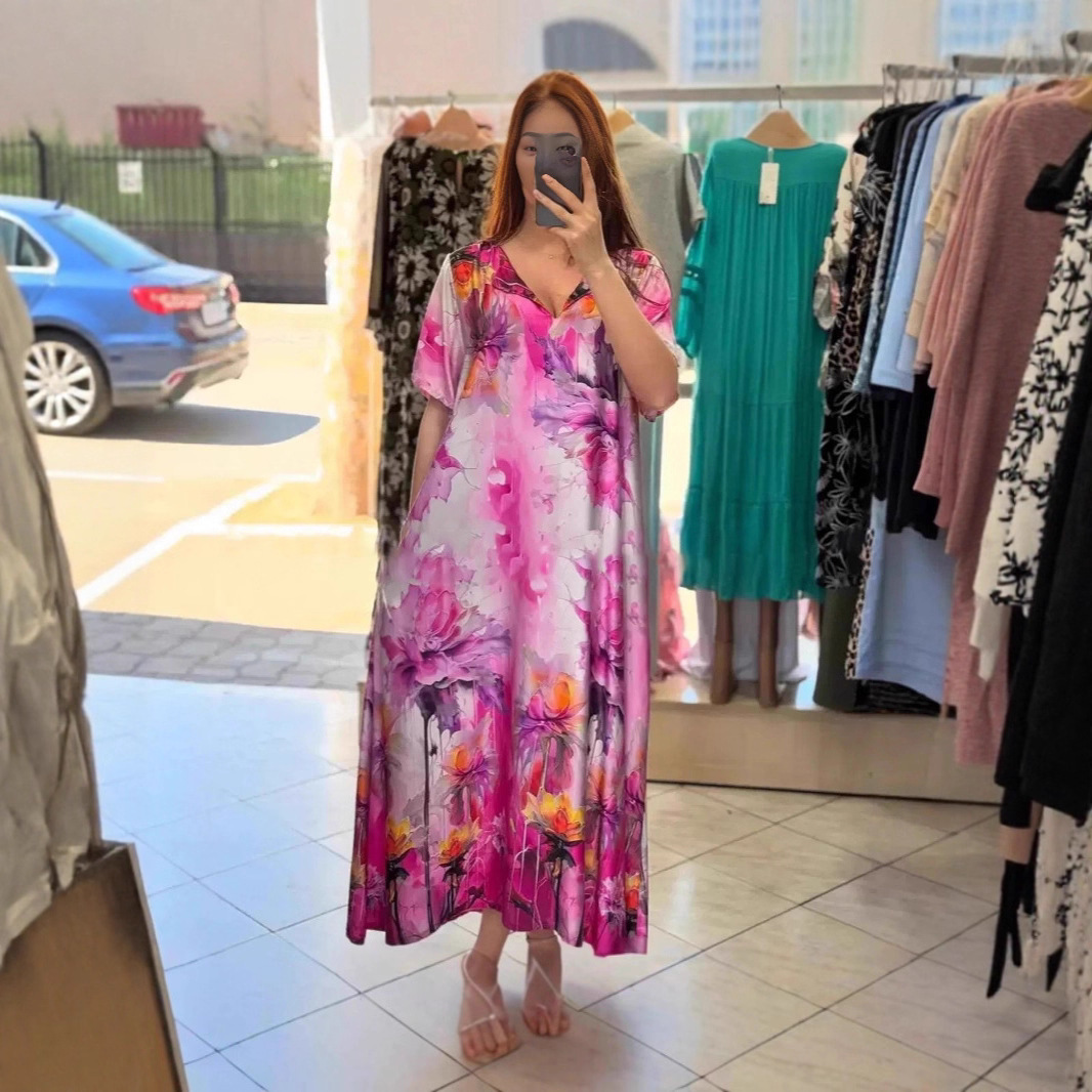 Women's Printed V-Neck Collared Casual Long Vacation Dress