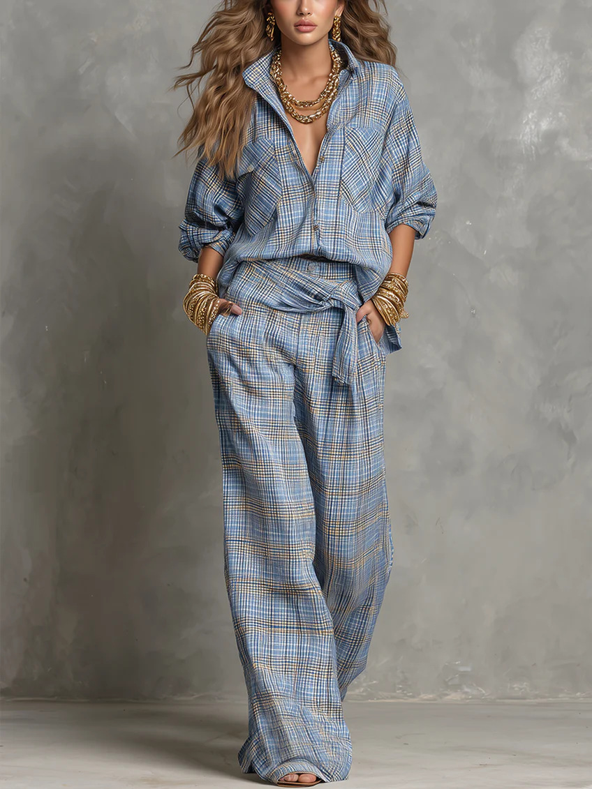 Plaid Print Loose Collared Long Sleeve Shirt and Wide Leg Pants Set