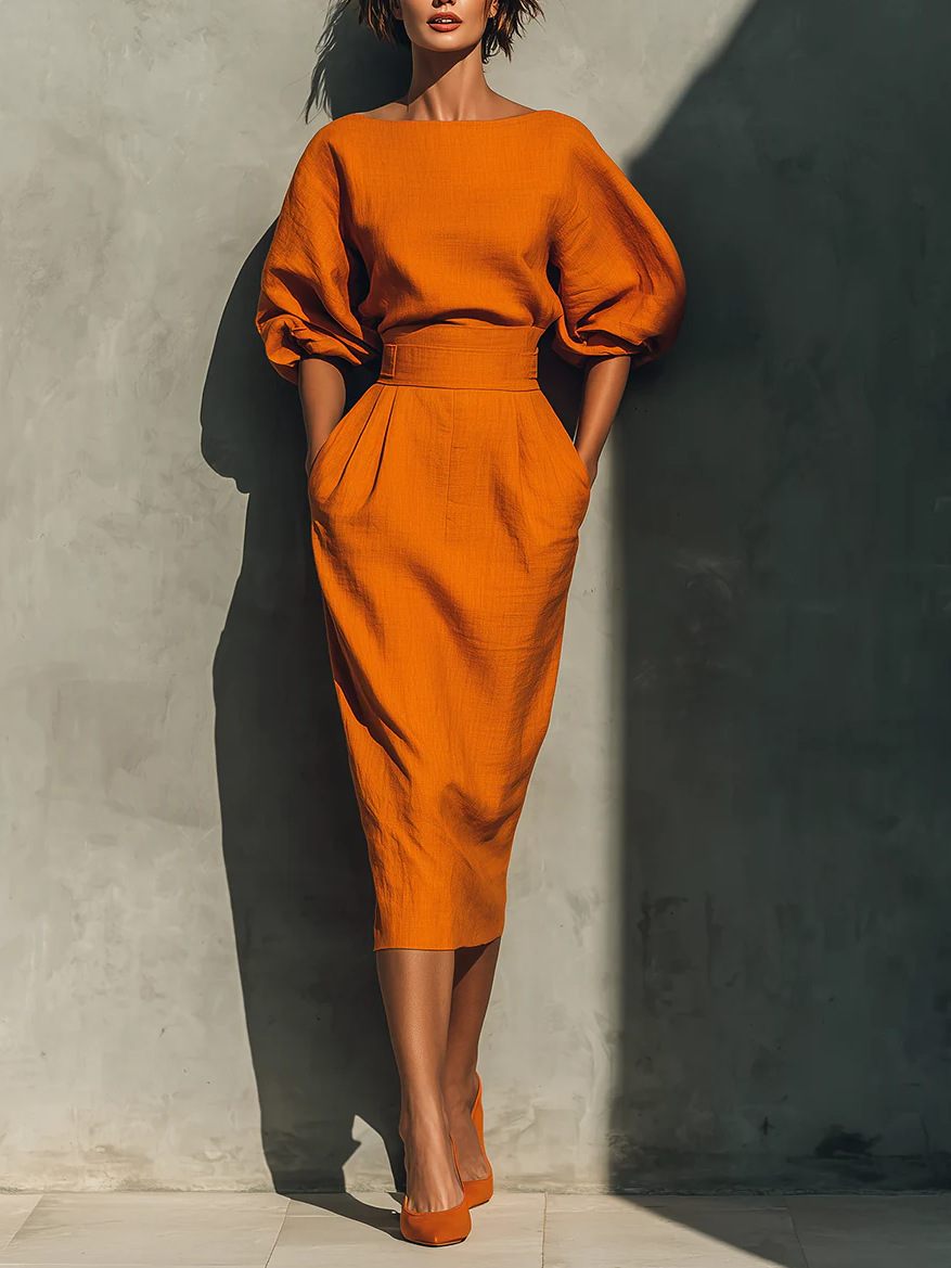Plus Size Cotton-Blend Midi Dress with Round Neck and Puff Sleeves