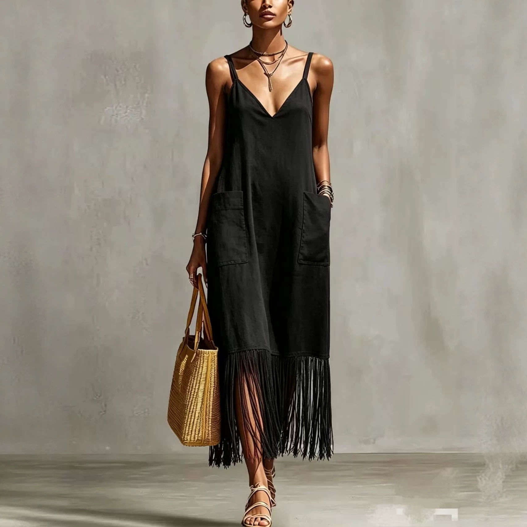 Bohemian Fringe Hem Sleeveless A-Line Long Dress